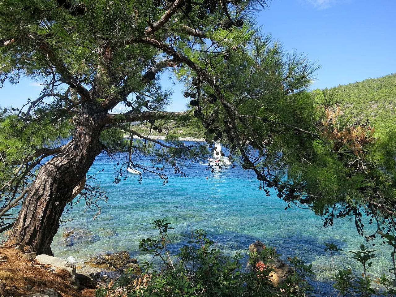 Malownicza wioska Bodrum w Turcji z krystalicznie czystą, niebieską wodą, łódką i słoneczną plażą